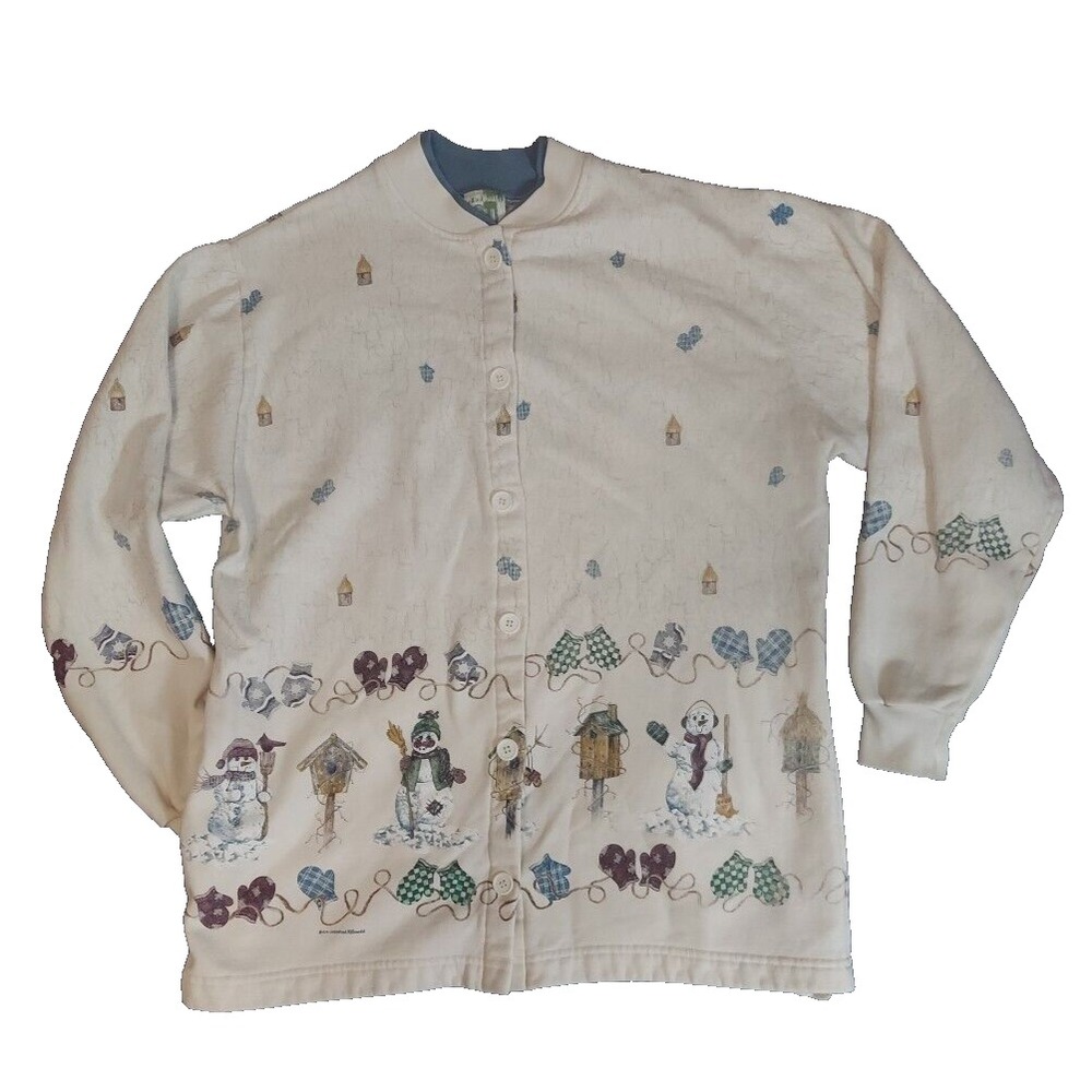 Vtg Art Unlimited Cardigan Sweater Womens Large Snowman Winter Button‎ Up Granny